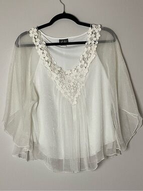Cream Sheer Chiffon Top Floral Lace Flowy Fairycore Butterfly Boho Sleeves M